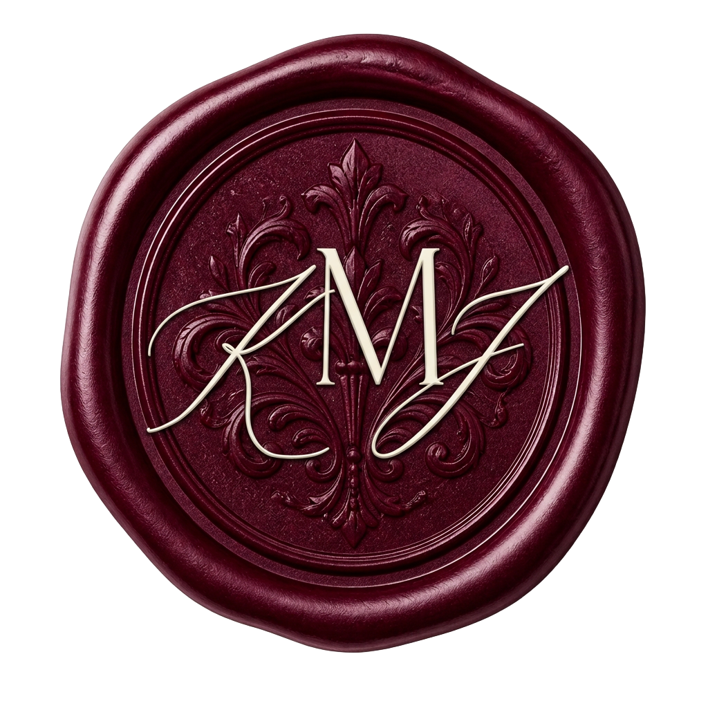 Burgundy wax seal with the Kassandra and Jacob monogram