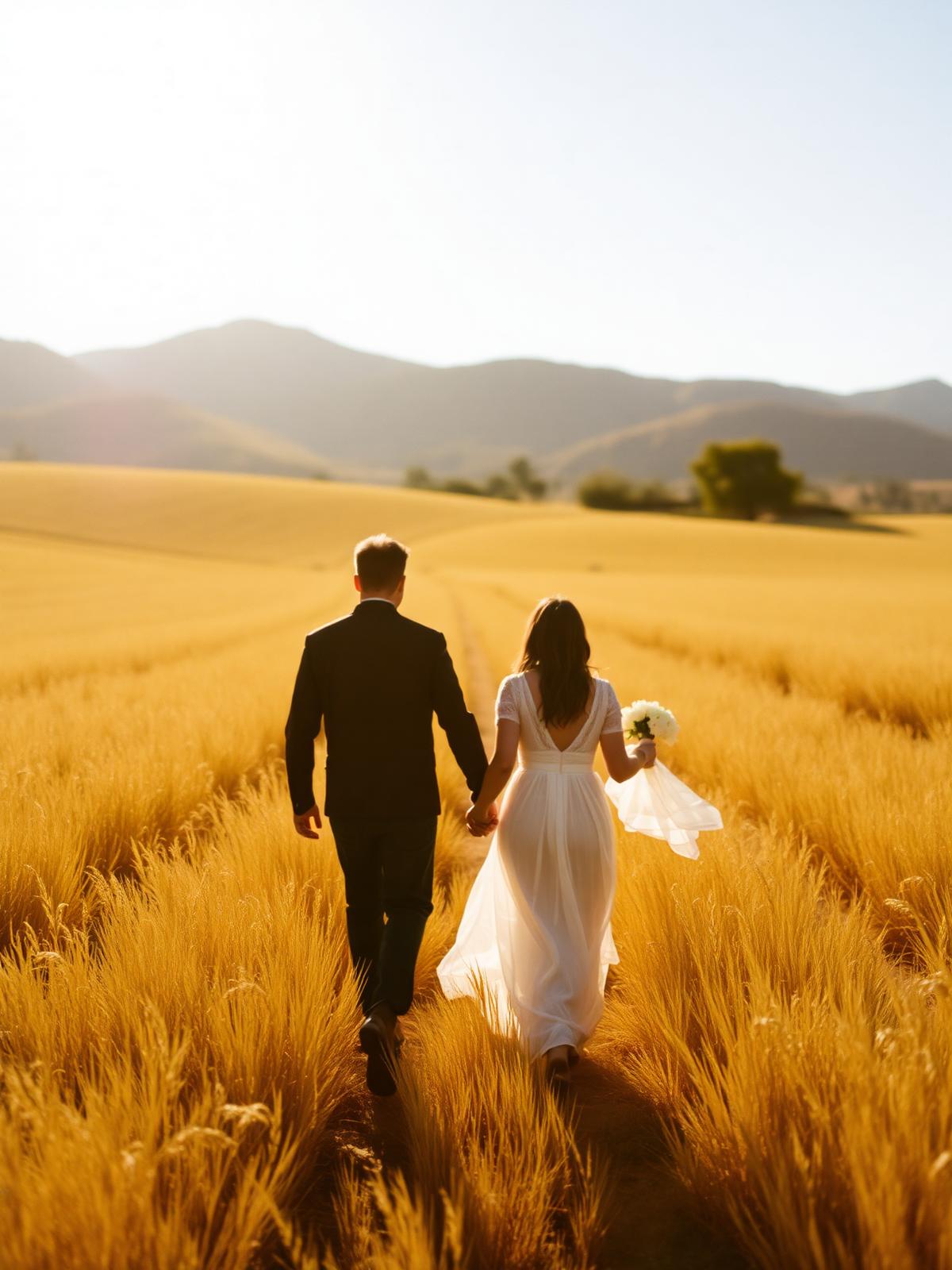 Clara and Julian walking through a golden sunlit field