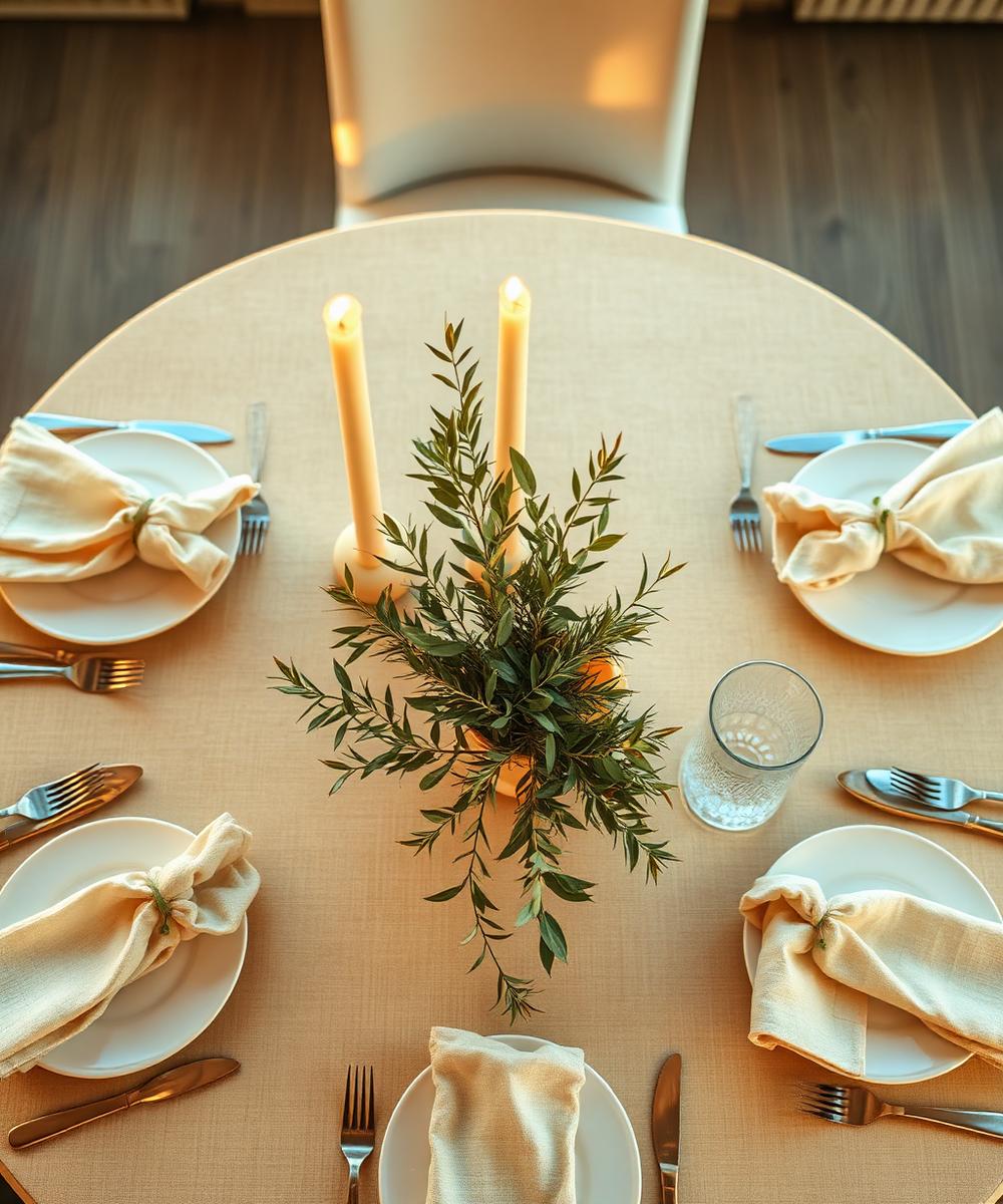 Elegant wedding table setting with linen napkins and olive branches